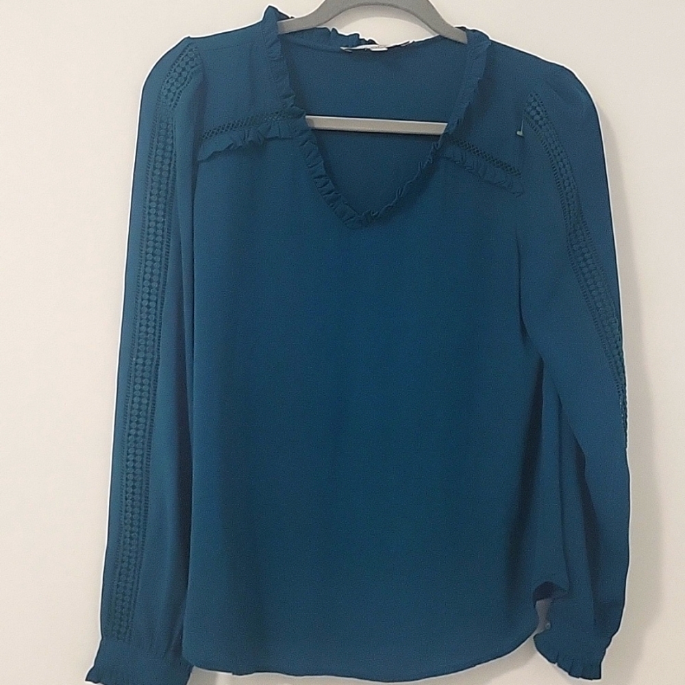 Loft S Women's Green Pleated Sleeve Ruffle Neck Shiny Top Blouse